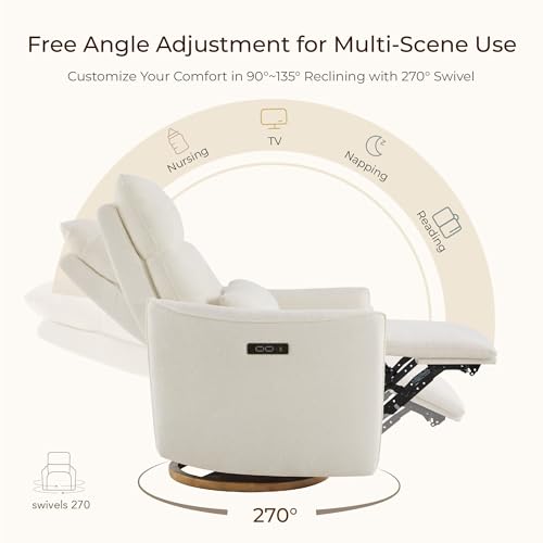 CHITA Swivel Rocker Recliner Chair, Power Nursery Glider Recliner, Nursery Rocking Chair with Adjustable Power Headrest, FSC Certified, Solid Wood Base, Cream