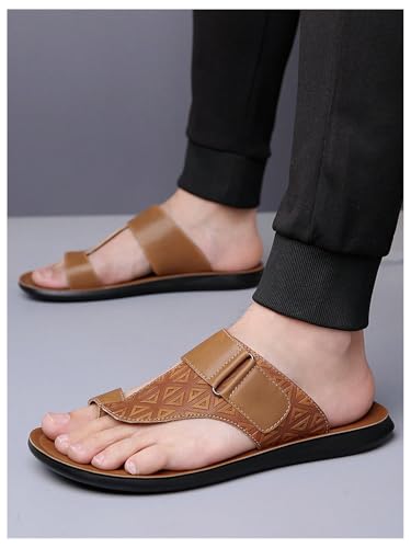 Image of GORGLITTER Men's Leather Sandals Slide Beach Outdoor Round Flip Flops Slip On Slippers