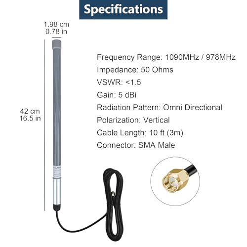 Image of FlightAware ADS-B Antenna 1090MHz & 978MHz Dual Band w / 10ft SMA Cable MCX Adapter High Gain 5dBi for ADSB FlightAware Software Defined Radios (SDRs) Flight Aviation Adsbexchange