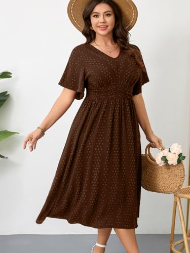 Image of RWJ Women's Plus Size Maxi Dress V Neck Short Sleeve Swiss Dot A Line High Waist Boho Swing Casual Summer Dresses