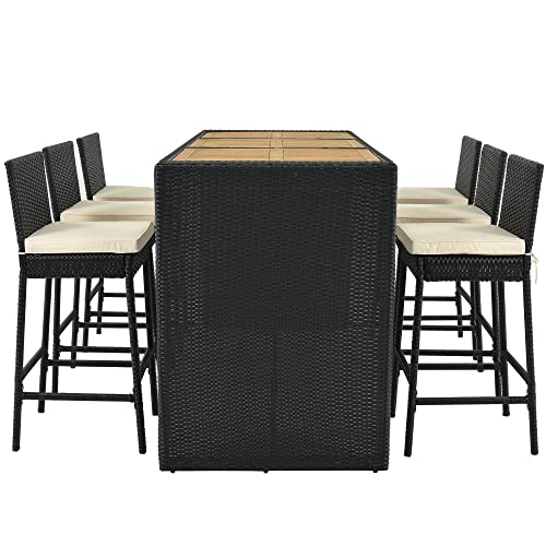 Merax Outdoor Patio Dining Set For 6, Pe Wicker Bar Furniture With Wood Table Top And Zippered Cushions, For Backyard & Garden, 7 Piece, Black #TOP3