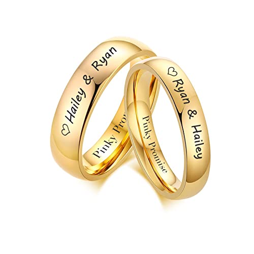 Image of Personalised Couple Rings, Engrave Name Gold Plated Tungsten Carbide Domed Minimalist Band, His & Her Matching Promise Engagement Wedding Ring Set for Men Women, Gifts for Valentine's Day Christmas