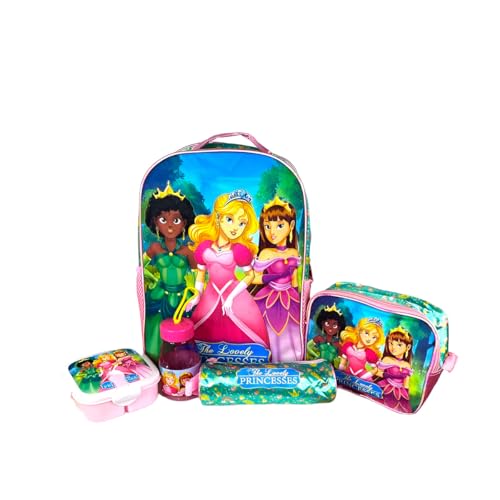 Kit Mochila Escolar Infantil Princesas, 6 Peças, Mochila 40x30x17cm, Lancheira Térmica, Rosa