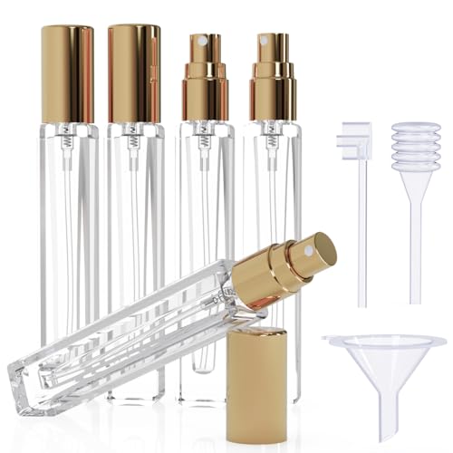 Seafulee 5PCS Cologne Atomizer Empty, 10ML Mini Perfume Bottles Refillable With Dispenser Tools, Pocket Spray Bottle for Travel and Sample Container (Transparent+Golden Cap)
