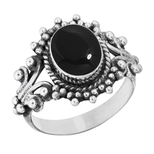 Jeweloporium Ring aus schwarzem Onyx, silberplattiert, Größe 67 (21,3), 925er Silber, handgefertigter Schmuck aus echtem ovalem Edelstein