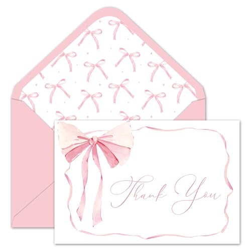 Whaline 24 Pack Pink Bow Thank You Cards Coquette Bow Greeting Cards with Envelopes Stickers Blank Note Card for Wedding Bridal Baby Shower Birthday,...