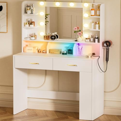 Image of LUCKRACER Vanity Desk with LED Lights Mirror & Charging Station, White Makeup Vanity with Storage Drawers and Shelves, Modern Dressing Table for Women Girls Bedroom, White