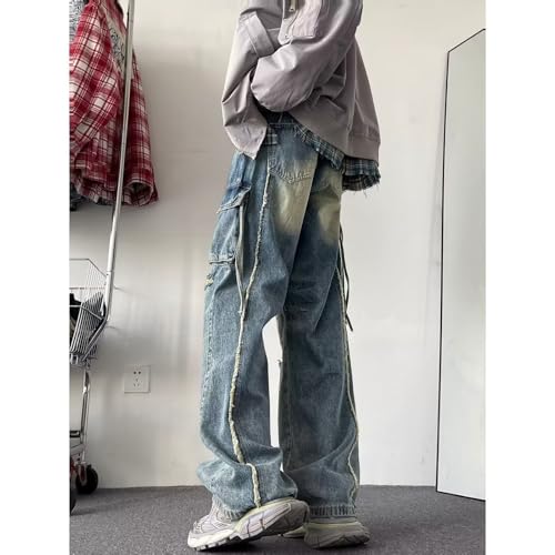 Baggy Cargo Pants for Men Y2K Distressed Straight Leg Denim Pants Teen Boys Ripped Wide Leg Jeans Hip Hop Streetwear2