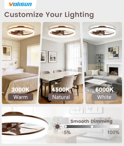 Image of VOLISUN Low Profile Ceiling Fans with Lights and Remote, 20in Fandelier Ceiling Fan Flush Mount, 3000K-6500K Smart Bladeless LED Fan Light, Farmhouse Ceiling Fans with Lights for Bedroom(Wood)