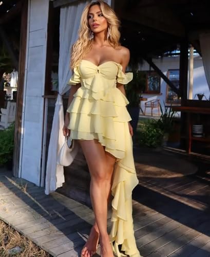 Ruffle Chiffon Homecoming Dresses Tiered Strapless Short Prom Dress with Train Wedding Party Gown3