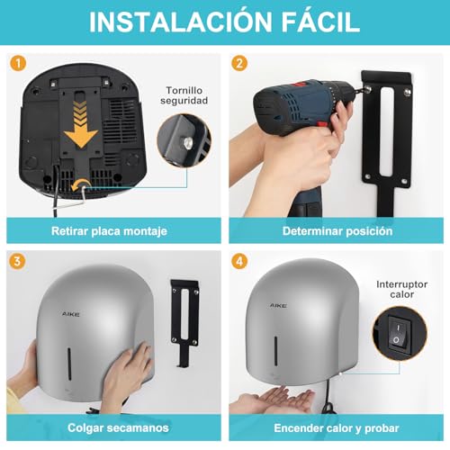 Miniatura 4 de Aike Gentleair Secamanos Secador De Manos Silencioso, Para Hogar Baños, Ac220v-240v, Plata Estelar