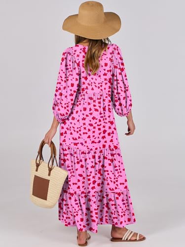 Image of ANRABESS Womens Boho Floral 3 /4 Puff Sleeve Maxi Dress | Tiered Flowy Loose Fit, Comfy Soft Rayon Fabric, Wedding Guest Church Beach, Modest Elegant, Spring Summer Fall Outfits