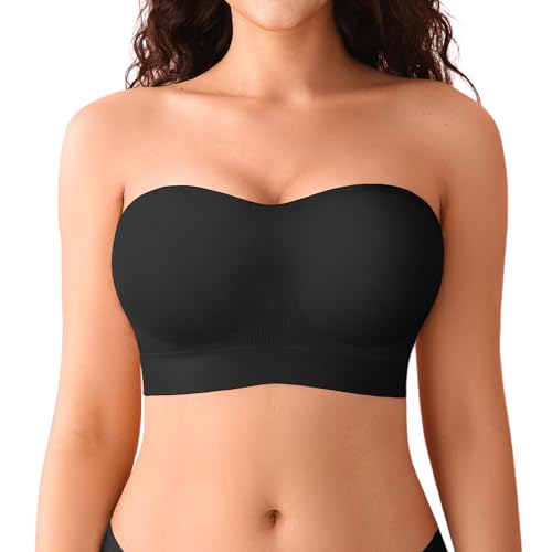 DEANGELMON Strapless Bras for Women Wireless Push Up Padded Bralette Seamless Non-Slip Tube Top Bandeau Bra Black Large