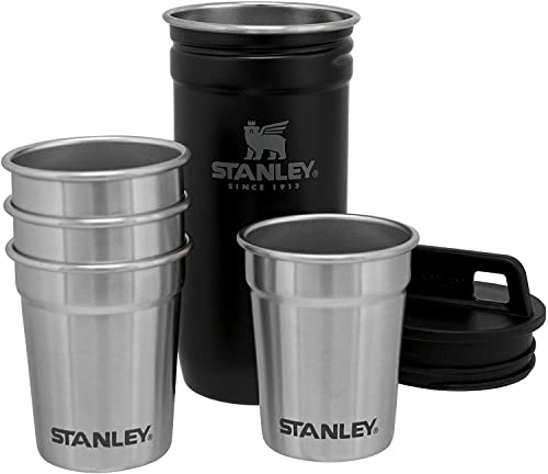 Image of Stanley Adventure Pre-Party Flask & Nesting Shot Glass Set 8 oz Leakproof Hip Flask 4 Shot Glasses in Travel Carrying Case Insulated Stainless Steel Liquor BPA-Free Matte Black(Pack of 4)