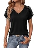 Aottori Camisetas Manga Corta Mujer Verano Cuello V Encaje Hombros Básica Suelta Ajustada Estirada Parches Camiseta Interior Sencilla Tendencia Casual Tunica Pullover Negro L