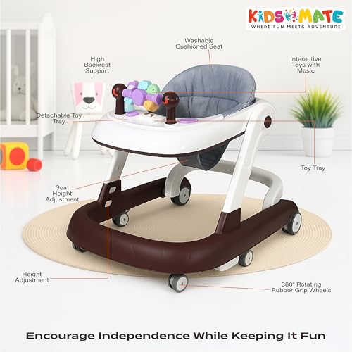 Image of Kidsmate Convertible 2-in-1 Baby Walkers for 6 to 18 Months with Activity Push Mode | Walker for Kids with Musical Toy Tray, Adjustable Height & Cushioned Seat | Safe, Foldable Design - White