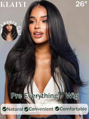 Image of KLAIYI Pre Everything Layers Yaki Straight Glueless 13x4 Lace Front Wigs Human Hair Drawstring Pre Plucked Bleached Knots Ready to Wear and Go Wigs for Women Face Framing Bang Beginner Friendly 18Inch