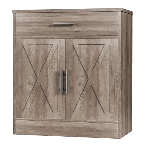 Image of Shintenchi Farmhouse Storage Cabinets with Doors and Shelves,Kitchen Barn Door Storage Cabinet with Drawers,Coffee Bar Cabinet Buffest Sideboard for Dining Room,Living Room,Bathroom,Entryway,Ash Grey