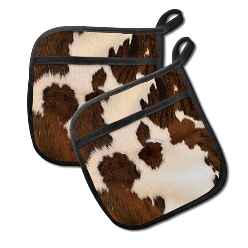 JYCardPKT Pot Holders for Kitchen, Heat Resistance Hot Pads, Cute Potholder with Pocket for Kitchen Cooking Baking 2 Packs, Brown Cowhide