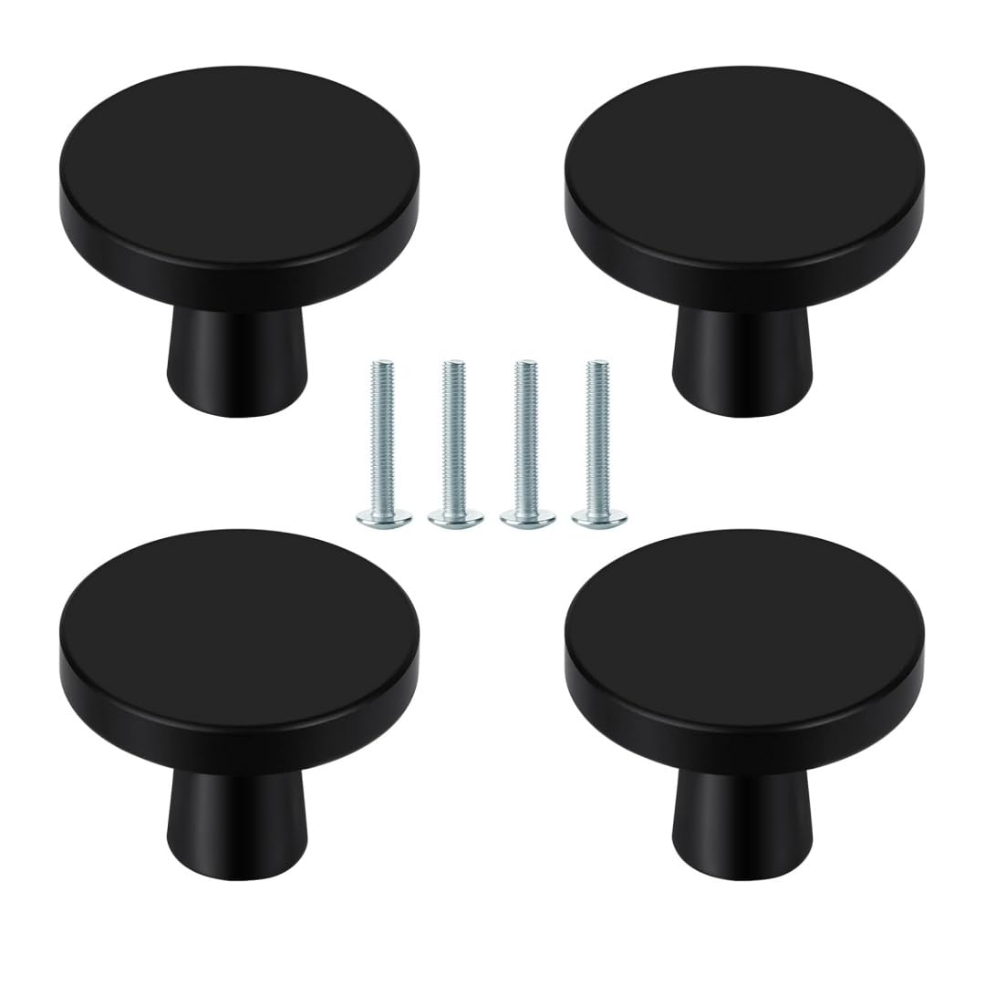 LYMYWUJIN 4 Pcs Black Cabinet Knobs, 30mm Round Drawer Knob, Mushroom Dresser Handles, Single Hole Cupboard Handle, Aluminum Alloy Cabinet Pull with Screws for Wardrobes Furniture