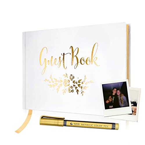 Guest Book - Simple Timeless Design Sign In for Wedding Reception, Baby Shower, Funeral, Vacation Home - Keepsake for Special Events - Polaroid Guestbook, Bookmark & Gold Floral - 9' x 6' (100 Pages)