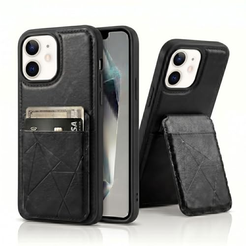 Image of amazon basics Premium Vegan Leather Back Cover with Card Holder and Integrated Mobile Stand for iPhone 12 Pro - Slim Shockproof Wallet Case with Geometric Stitching [Black]