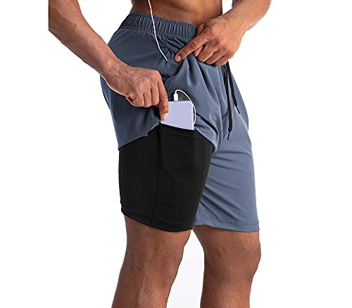 Malavita Men's Running Shorts 2 in 1 Men Gym Shorts with Zipper Pocket(Arona Blue XXLarge(Waist:35"-39")