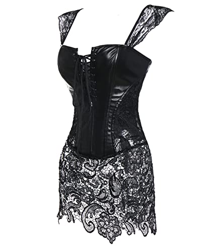 Slimbelle Women Corset Waist Bustier Dress Lace Boned Adjustable Shaper Overbust Bustier Steampunk Skirt Black S #TOP4