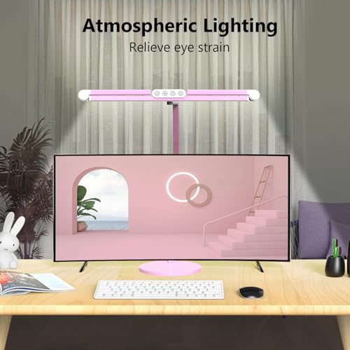 Image of Micomlan Led Desk Lamp with Base, Adjustable Tall Architect Desk Light for Home Office with Flexible Swing Arm, 24W Pink Bright Table Lamp Auto Dimming Computer Light for Workbench