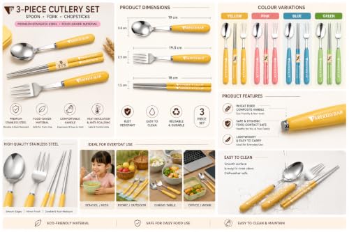 Image of Stainless Steel Cutlery Set, 3-Piece | Spoon, Fork, Chopsticks