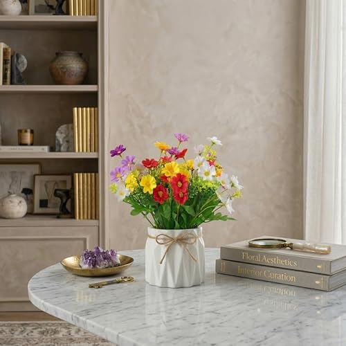 Image of Dekorly Artificial Lavender Plant in White Pot, 18cm - Realistic Faux Flower Arrangement for Home & Office Decor (Set of 1) (1, Daisy Fern)
