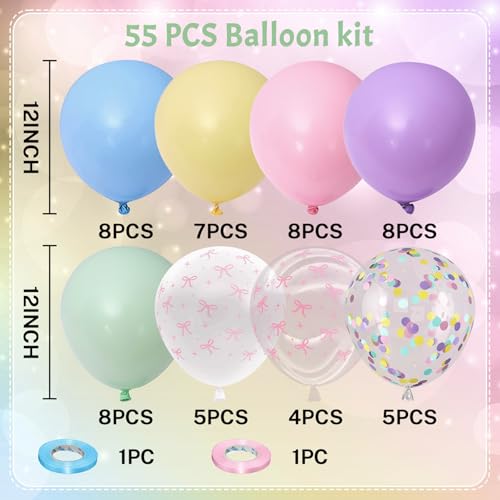 Image of Pastel Bow Balloons Macaron Rainbow Balloon Birthday Decorations, 55 Pcs 12 In Pastel Colorful Pink Bows Print Balloon Blue Purple Yellow Confetti Balloon for Kids Girls Princess Easter Bridal Shower