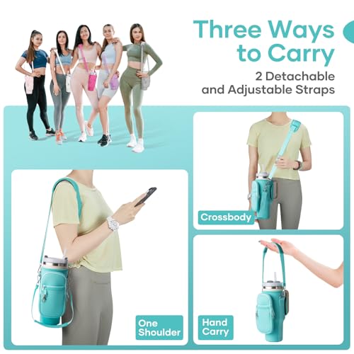 Image of linmaya Water Bottle Carrier Bag with Phone Pocket for Stanley Cup 40 /30oz,Insulated Neoprene Water Bottle Holder Cross-boday Bag with Adjustable Shoulder & Handheld Strap Stanley Cup Accessories
