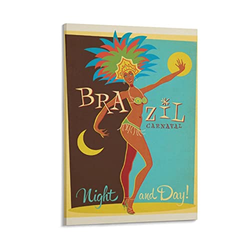 Poster rétro de voyage Brésil Carnaval - Peinture sur toile - Décoration murale pour salon - 20 x 30 cm