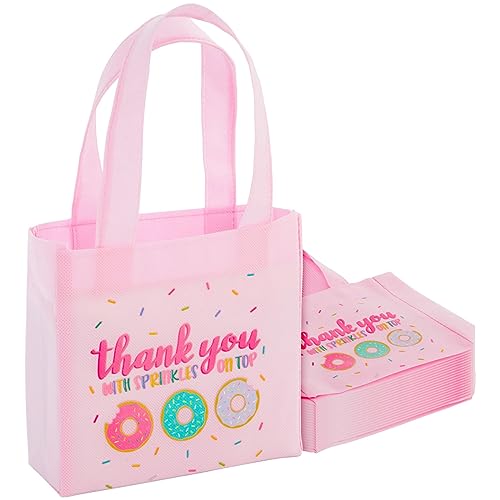 24 Pack Donut Goodie Bags - Pink Donut Theme Party Favor Totes for Girl's Birthday, Baby Shower, Special Event (6.5 x 7 x 2 In)