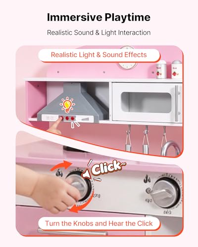 Image of VEVOR Play Kitchen for Kids, Wooden, Kids Kitchen Playset with Real Lights & Sounds, Food & Cookware Accessories, Pretend Play Toy Set, Range Hood, Microwave, for Toddlers, Girls & Boys Ages 3-8, Pink