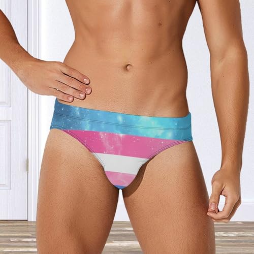 Trans Flag LGBTQ G-alaxy Printed Swim Briefs for Men Sexy Bikini Swimwear Elastic Beach Trunks Bathing Suit2