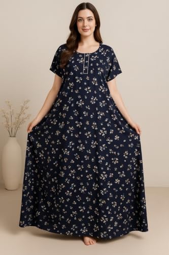 Image of Bahumaan Pure Cotton Nighty for Woman | Floral Gown for Women Night Wear with Pocket | Cotton Nighty for Women Stylish | Maxi for Women Cotton (Navy Blue, M-Bust-42)