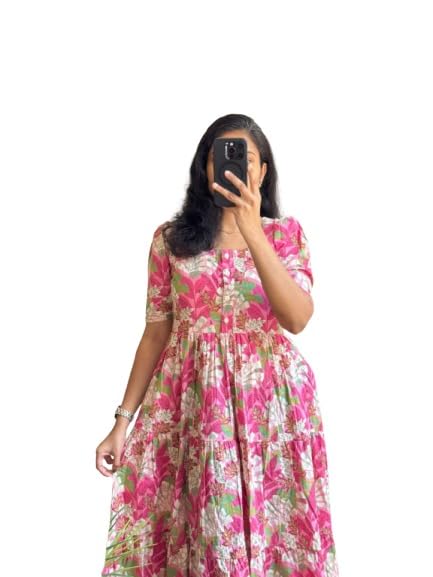 Floral Print MIDI Dress with Puff Sleeves, Pink and WHIITE, Tired Designe-picture-28