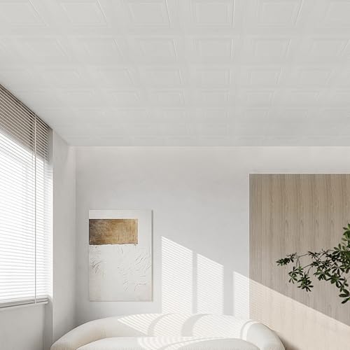 32 PCS Covered 42 Sq.Ft, Ceiling Tiles, Ceiling Tiles Peel and Stick, Self-Adhesive 3D Wall Panels Foam, Easy Intallation and Waterproof for Ceil and Wall Decor, White Modern Simple Square Pattern