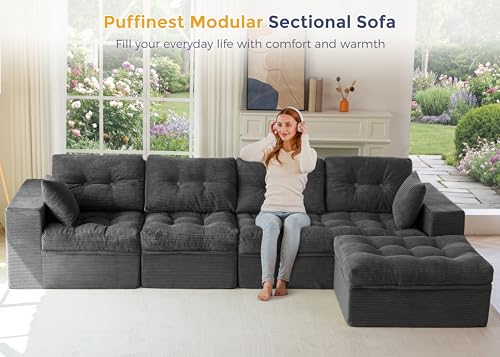 Image of MAXYOYO 132 inch L Shaped Modular Sectional Sofa with Ottoman, Cloud Boneless Couch with Layered Cushion, Upholstered Sofa in a Box, Flexible Module Combination for Living Room, No Assembly, Dark Grey