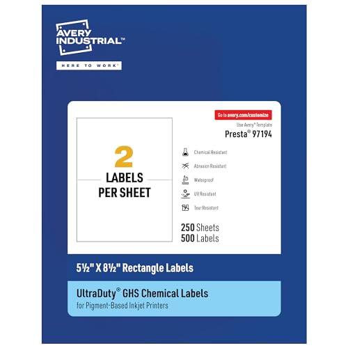 Avery® UltraDuty® GHS Labels, Waterproof, 5.5 X 8.5" White Rectangle Labels , 500 Total, Use with Pigment Inkjet Printers