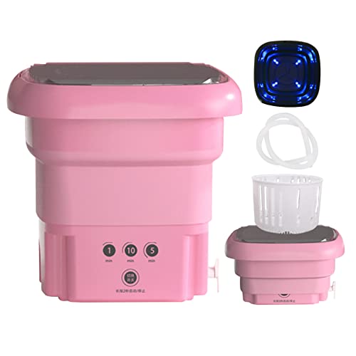 Portable Washing Machine Mini Foldable Washer with Drain Basket Spin Dryer,Small Collapsible Bucket Washer for Camping,Travel,Apartment,Dorm (Pink(with rubbing clothes cover))