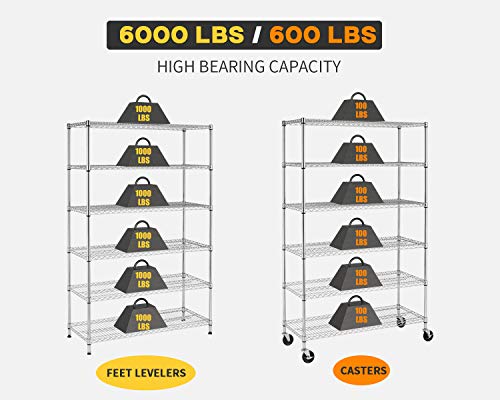 Image of BestOffice | 6-Tier Wire Storage Shelves with Wheels | 18x48x78 | Chrome | Adjustable Racks | Heavy-Duty Metal Shelf, Holds Upto 600 lbs | No-Tool Assembly | Ideal for Home & Garage Shelving