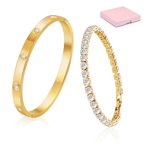 Ouxayapl 18K Vergoldet Vierblättriges Kleeblatt Armband Anhänger Halskette Gold Armband Cubic Zirkonia Armreif 3 PCS Schmuck Set für Geschenke Geburtstags (2er-Set Armbänder)