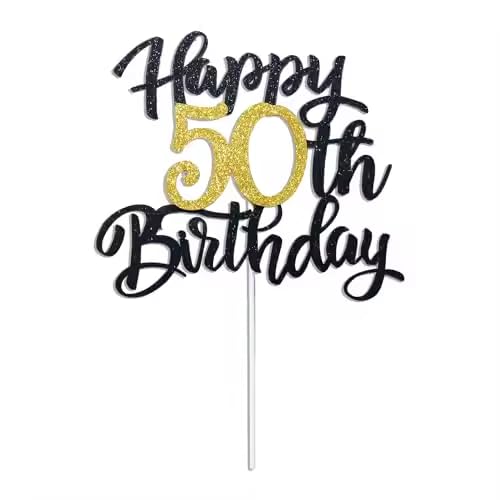 Happy 50th Birthday Cake Topper – Black & Gold Glitter | Pre-Assembled 50th Birthday Decorations for Women & Men - Cheers to 50 Years 50 and Fabulous