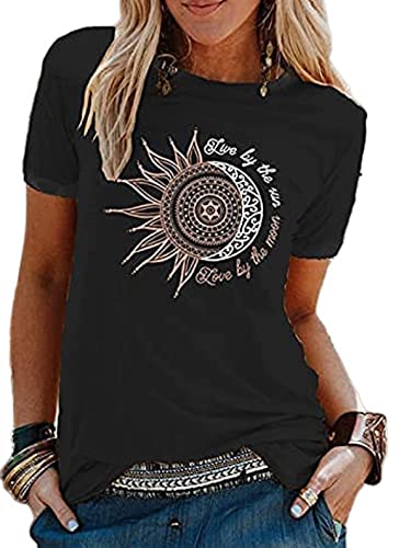 Camisetas Mujer Manga Corta,Verano Elegante Camisas Casual Suelta Algodon Camisa Cuello en O Redondo T Shirts con Estampado (Negro, XL)