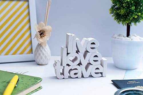 Image of NUKKAD TALES Live Love Travel White Showpiece Home Decor Items for Bedroom Living Room Decoration Items for Center Table Birthday Gift Items Gift for Travel Lovers (6.5 x 5.40 inch ), Recycled Material / MDF