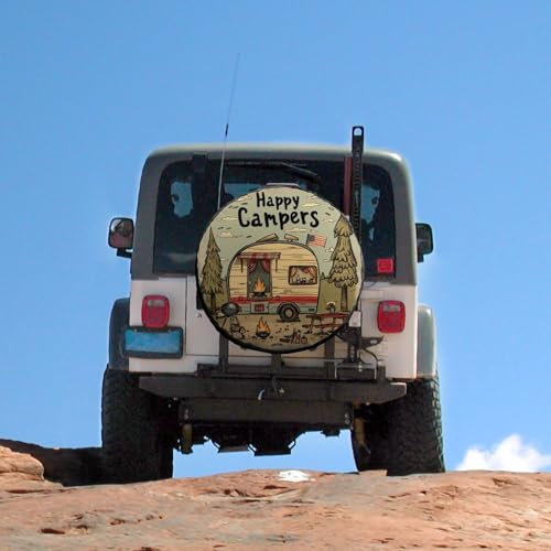 Image of Spare Tire Cover Happy Campers Wheel Protectors Weatherproof Camper Trailer Campfire Tire Cover Universal Fit for Trailer SUV Truck Camper Travel Trailer 12 Inch