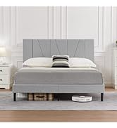 Flolinda King Size Bed Frame Upholstered Platform with Complete Headboard and Strong Wooden Slats...